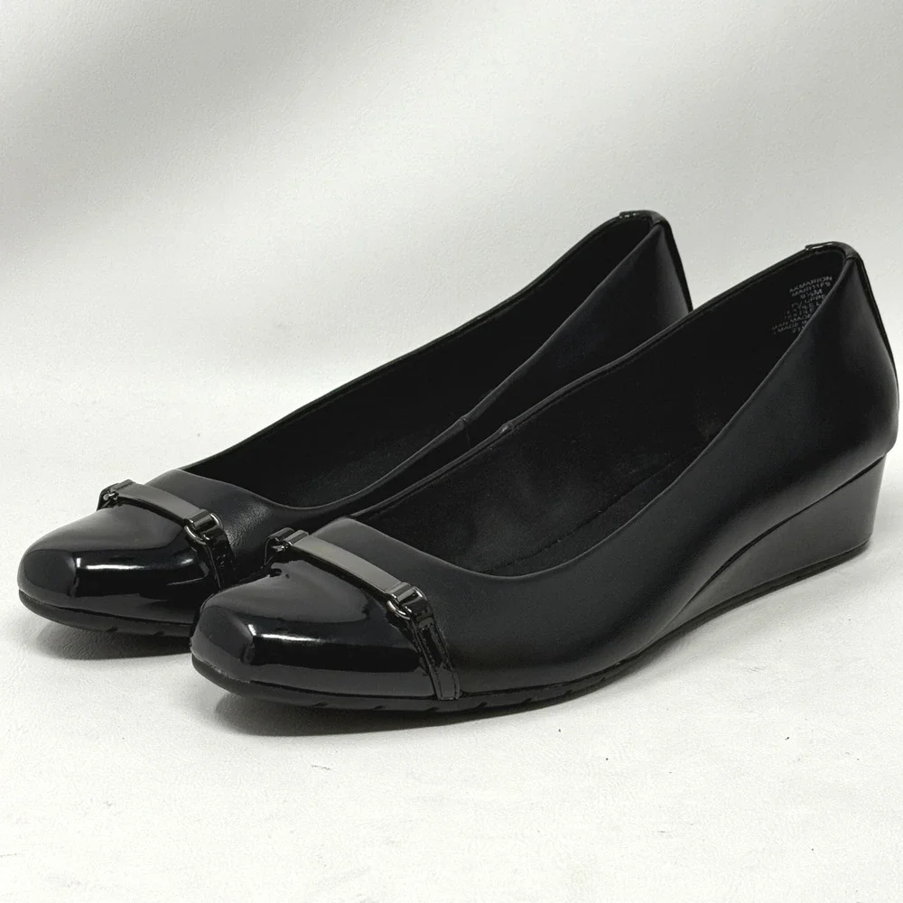 Anne Klein Marion Black Wedge Pumps Patent Shoe Women 9.5M Preppy Office Minimal